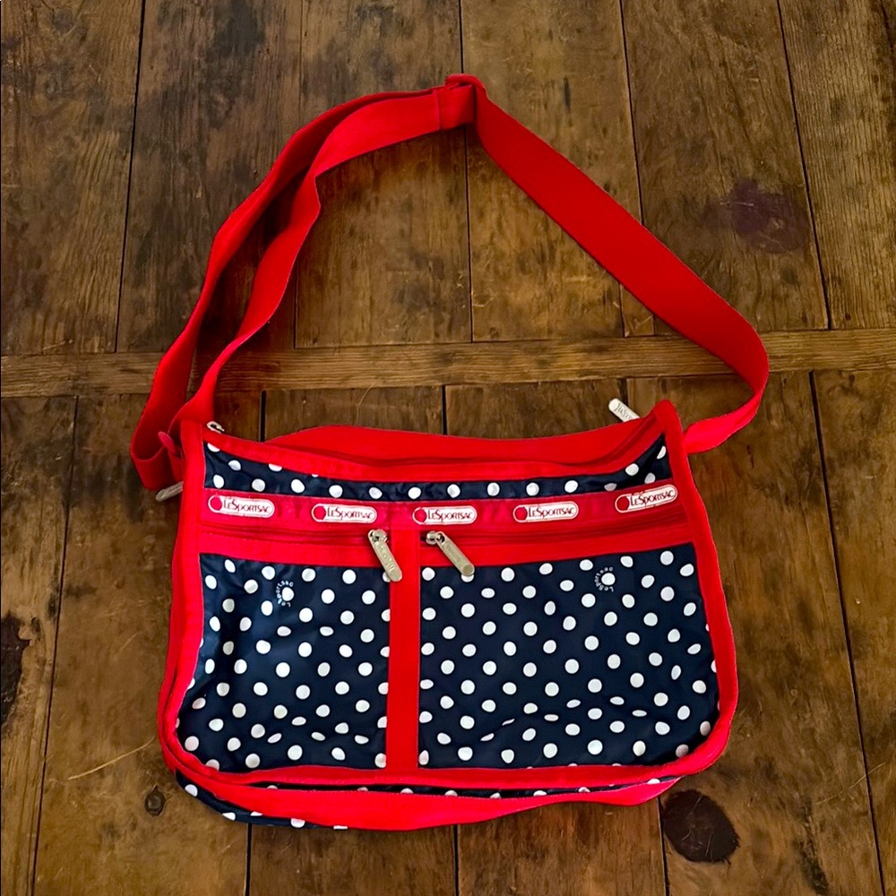Large Le SportSac Polka Dot Shoulder Bag - Red , White and Blue